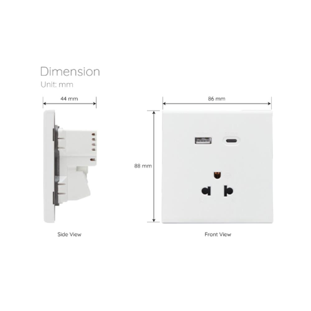 ชุดเต้ารับเดี่ยว 3 ขา พร้อม USB และ TYPE-C SAHN D10LUSBC-WHM สีขาวด้าน