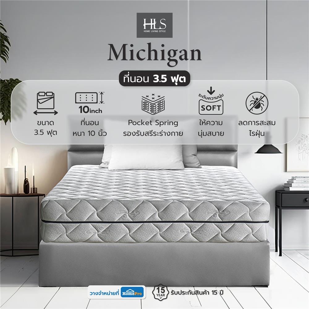 ที่นอนพ็อกเก็ตสปริง 3.5 ฟุต สุญญากาศ HOME LIVING STYLE รุ่น MICHIGAN