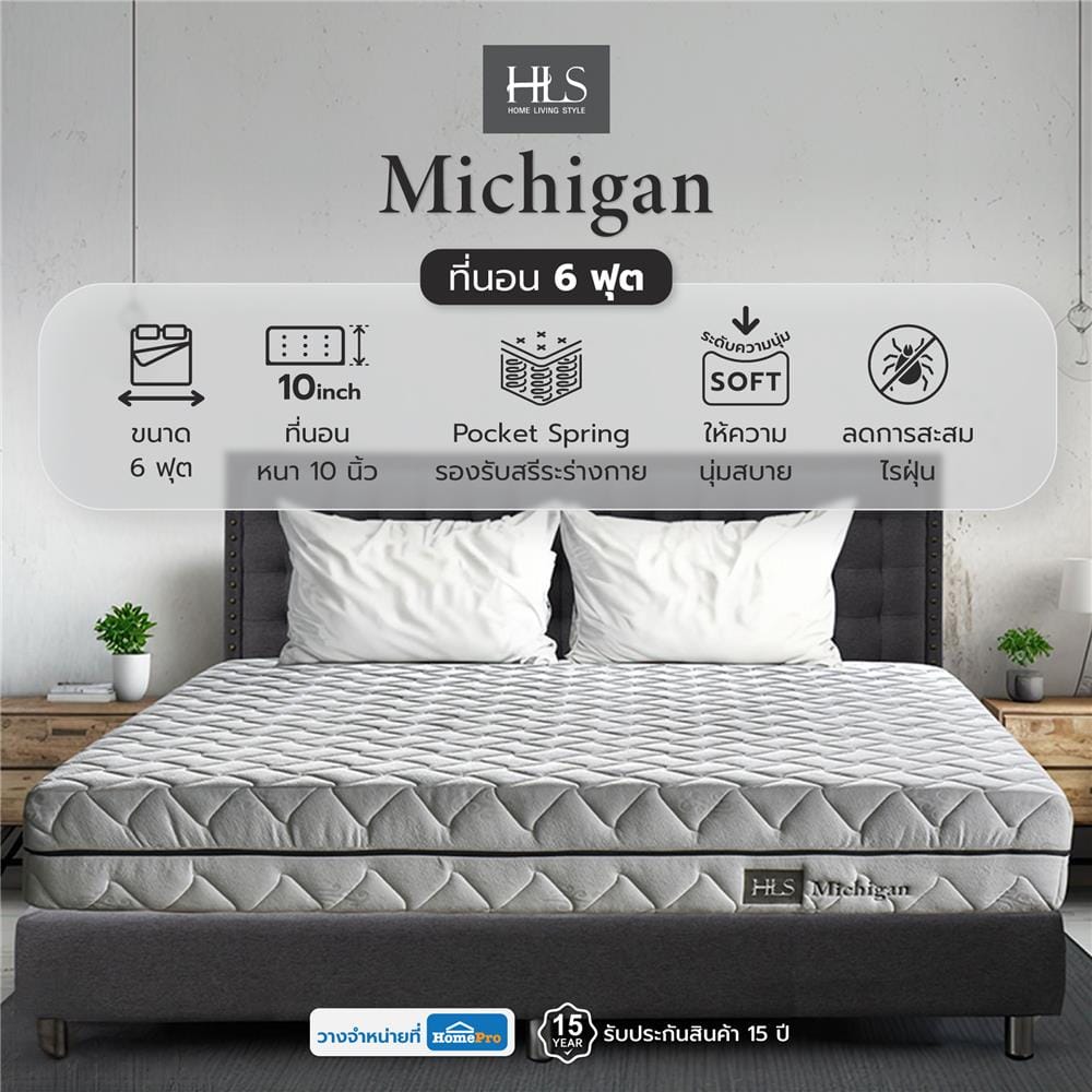 ที่นอนพ็อกเก็ตสปริง 6 ฟุต สุญญากาศ HOME LIVING STYLE รุ่น MICHIGAN