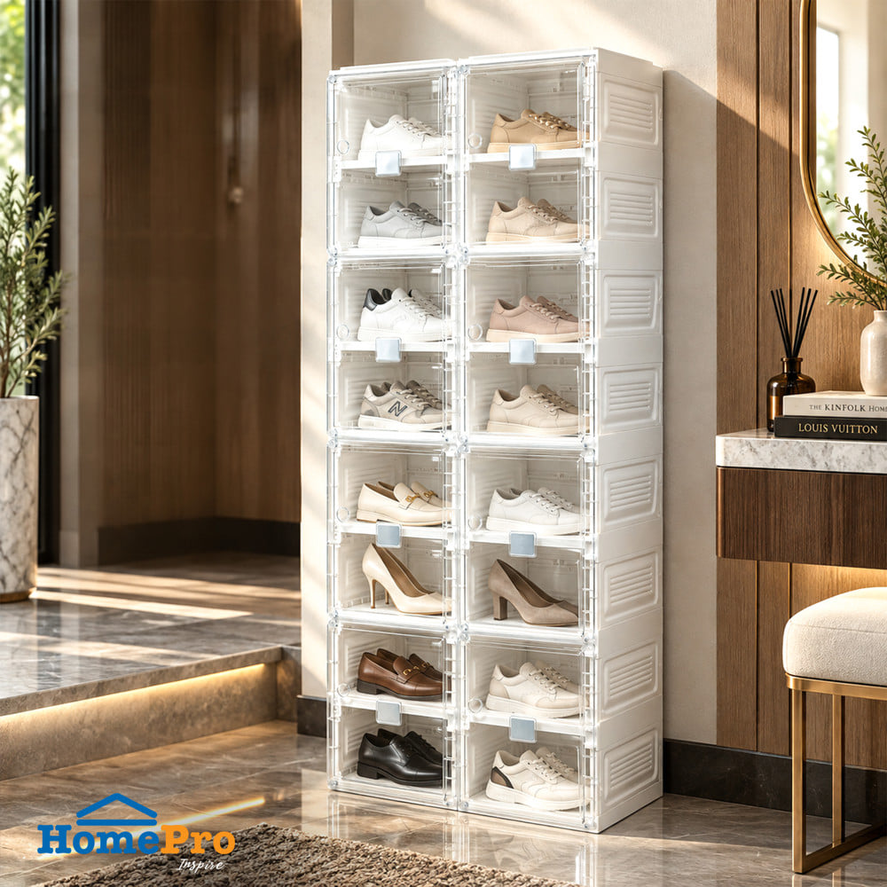 กล่องรองเท้า 16 ช่อง STACKO CLAIRE 53x34x132 ซม. สีขาว/ใส