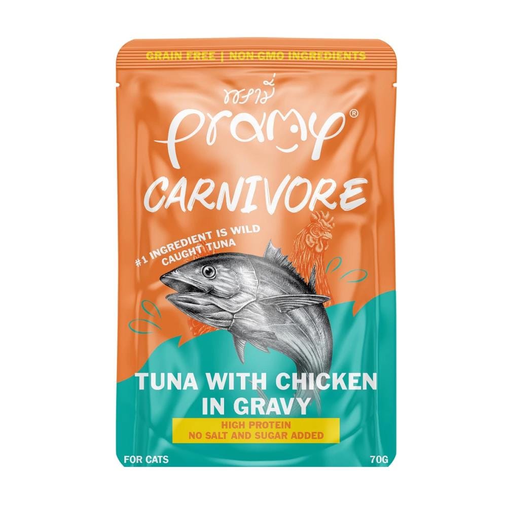 อาหารเปียกแมว PRAMY CANIVORE TUNA WHITE CHICKEN IN GRAVY 70 ก.