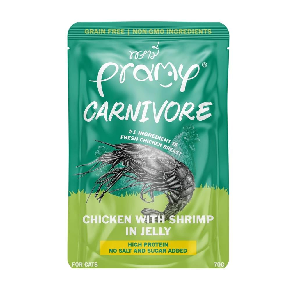 อาหารเปียกแมว PRAMY CANIVORE CHICKEN AND SHRIMP IN JELLY 70 ก.