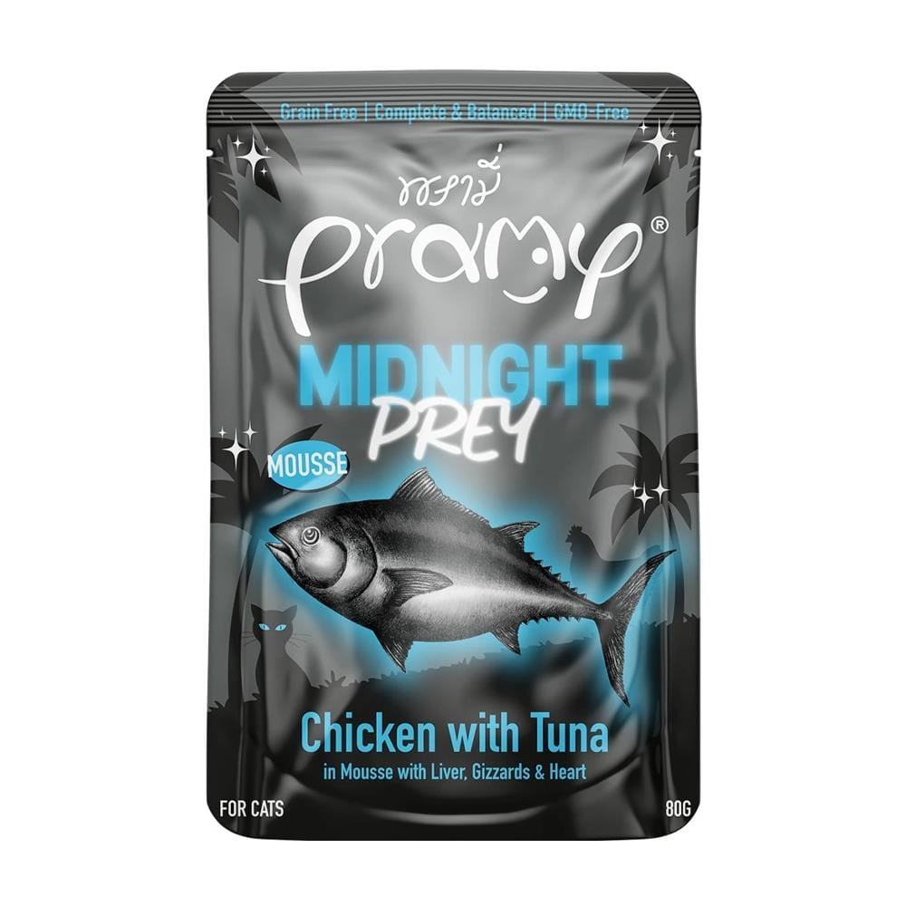 อาหารเปียกแมว PRAMY MIDNIGHT PREY CHICKEN WITH TUNA IN MOUSSE 80 ก.