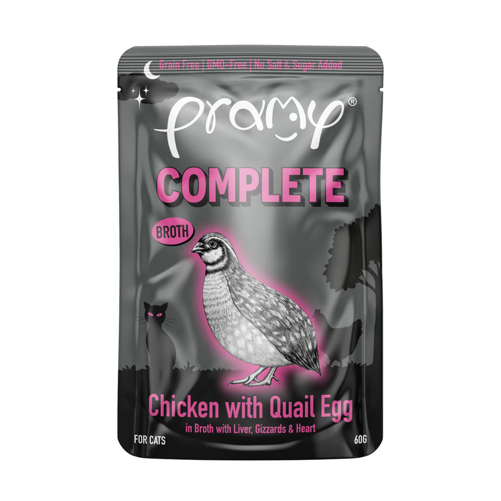 อาหารเปียกแมว PRAMY MIDNIGHT PREY ไก่และไข่นกกระทาในน้ำซุป 60 ก.