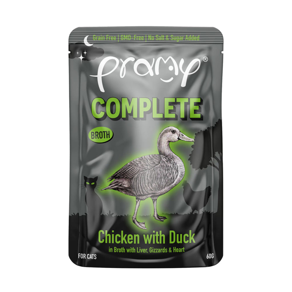 อาหารเปียกแมว PRAMY MIDNIGHT PREY ไก่และเป็ดในน้ำซุป 60 ก.