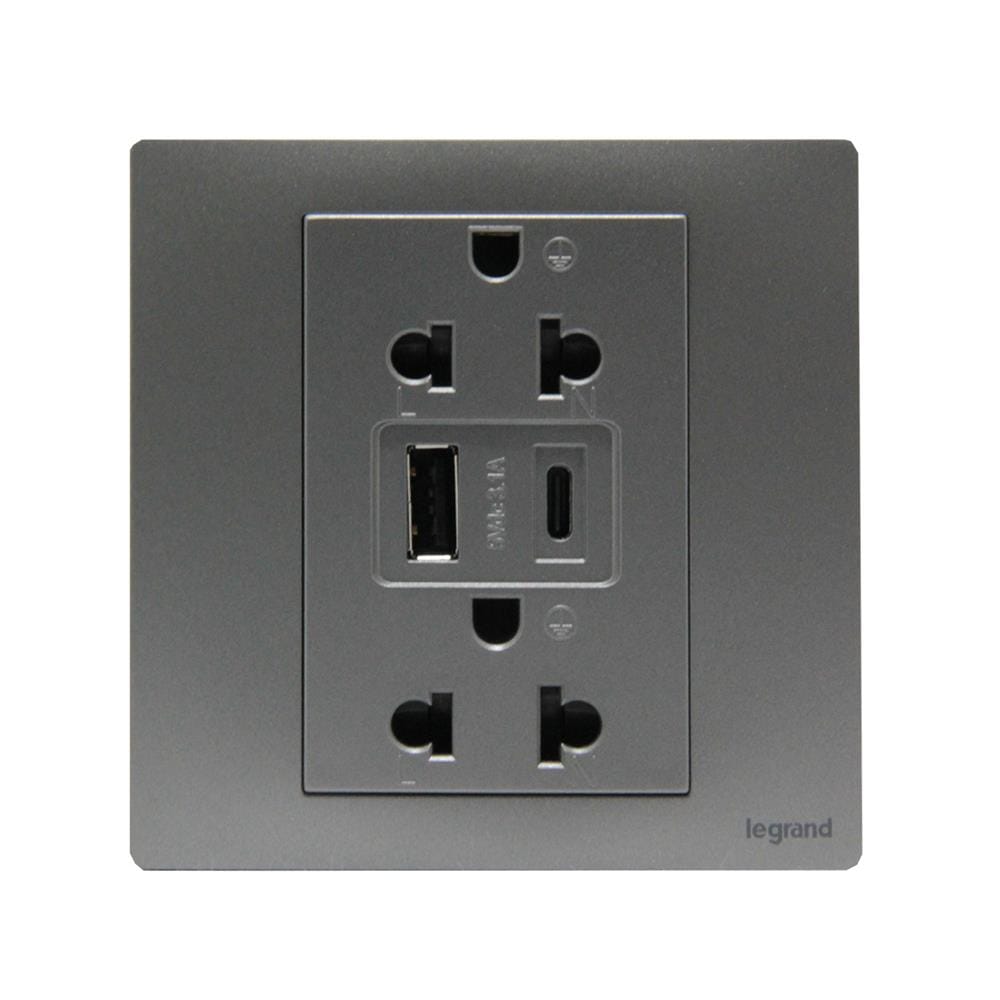 ชุดเต้ารับคู่ 3 ขา พร้อม USB A 1 ช่อง TYPE C 1 ช่อง BTICINO MALLIA SENSES S281204DS สีเทา
