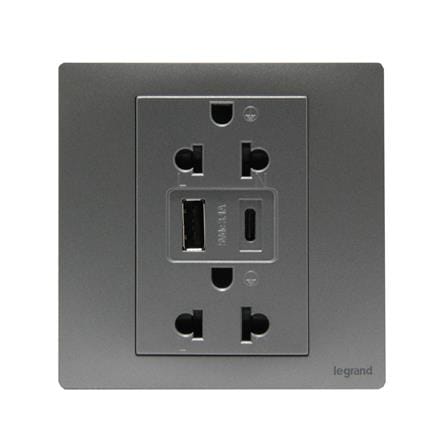 ชุดเต้ารับคู่ 3 ขา พร้อม USB A 1 ช่อง TYPE C 1 ช่อง BTICINO MALLIA SENSES S281204DS สีเทา