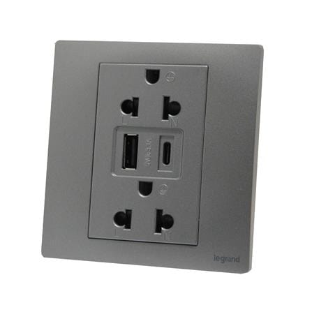 ชุดเต้ารับคู่ 3 ขา พร้อม USB A 1 ช่อง TYPE C 1 ช่อง BTICINO MALLIA SENSES S281204DS สีเทา_1