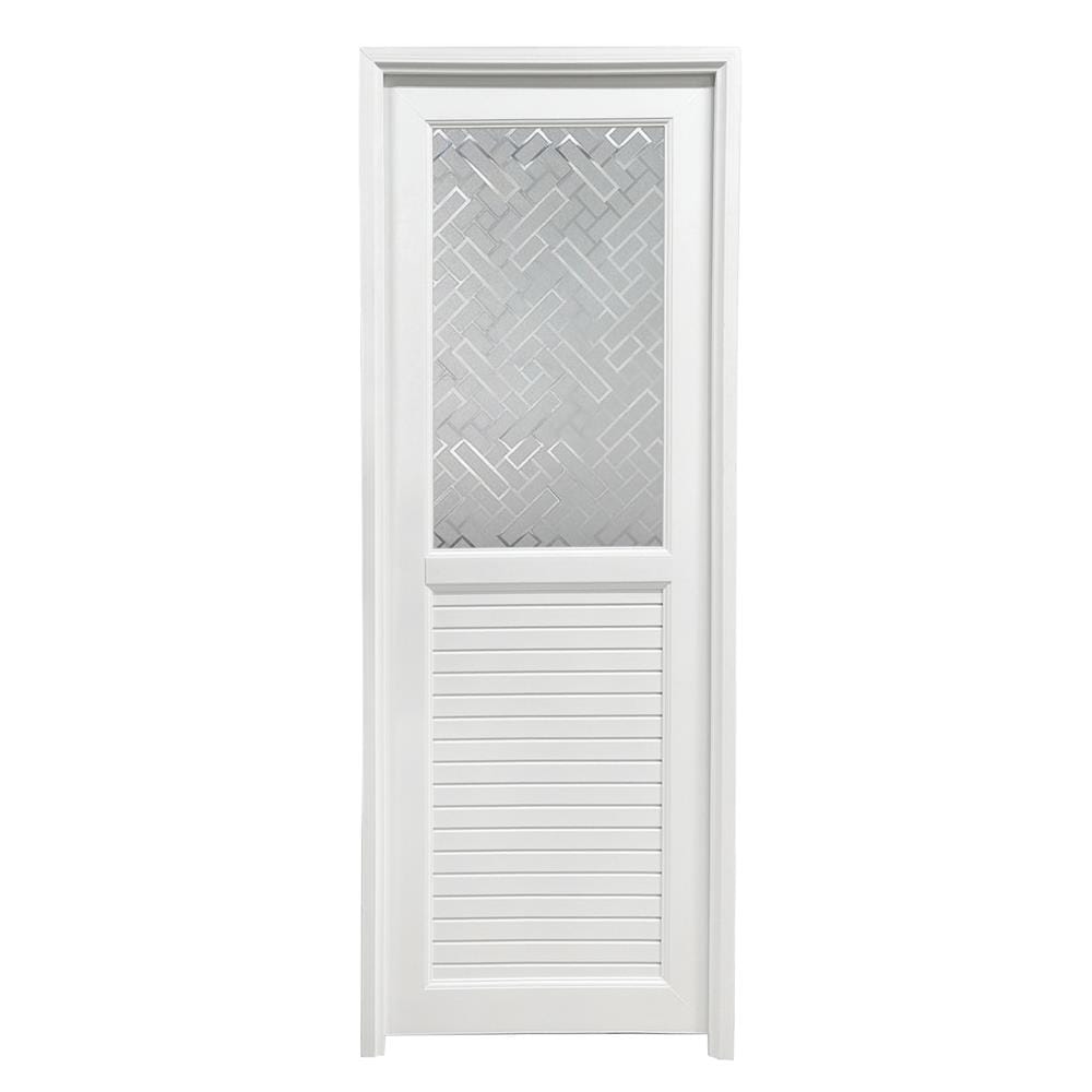 ชุดประตูห้องน้ำ UPVC พร้อมวงกบและบานพับ AZLE 2 ลายตัด 70X200 ซม. สีขาว ไม่เจาะลูกบิด