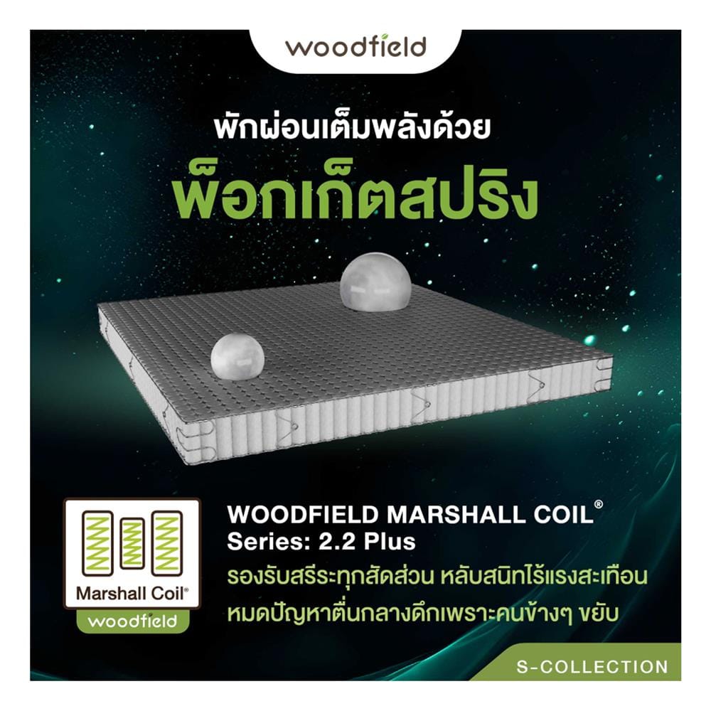ที่นอนพ็อกเก็ตสปริง 5 ฟุต WOODFIELD รุ่น S-HYBRID PRO พร้อมหมอนหนุน 2 ชิ้น