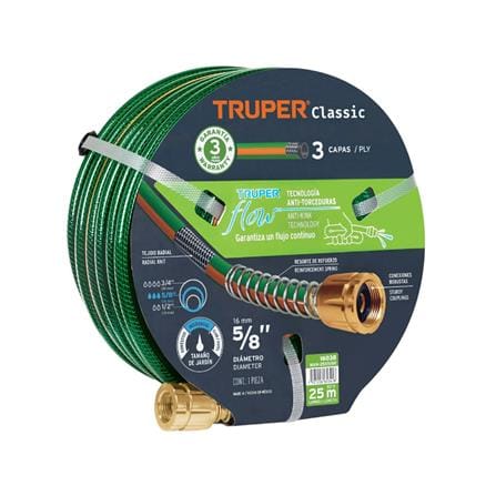 สายยางม้วน PVC 3 ชั้น พร้อมข้อต่อโลหะ TRUPER 16038 5/8 นิ้ว 25 ม. สีเขียว_0
