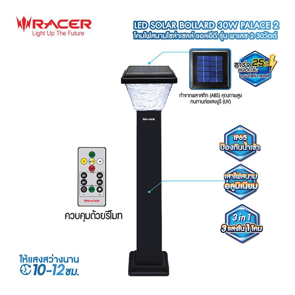 ไฟทางเดิน SOLAR RACER BOLLARD PALACE2 30 วัตต์ DAYLIGHT/COOL WHITE/WARM WHITE สีดำ