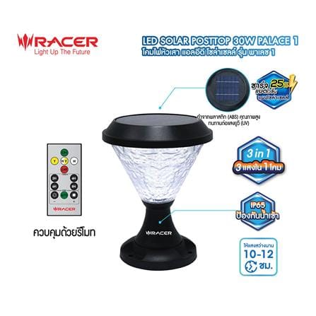 ไฟหัวเสา SOLAR RACER POSTTOP PALACE1 30 วัตต์ DAYLIGHT/COOL WHITE/WARM WHITE สีดำ_4