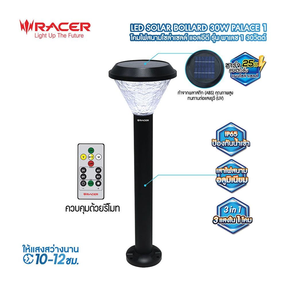 ไฟทางเดิน SOLAR RACER BOLLARD PALACE1 30 วัตต์ DAYLIGHT/COOL WHITE/WARM WHITE สีดำ