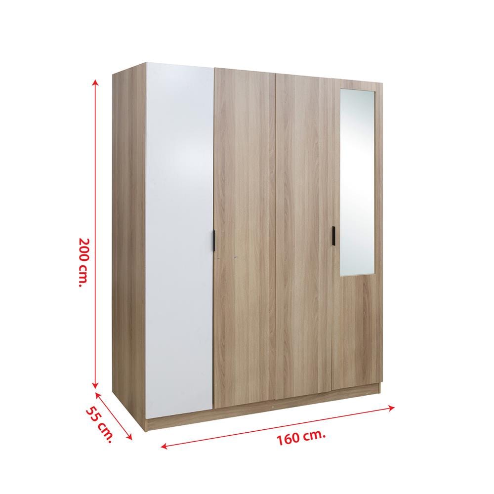 ตู้เสื้อผ้า 4 บานเปิด FURDINI GREATE 160 ซม. สีไวท์โอ๊ค/ขาว/กระจกเงา