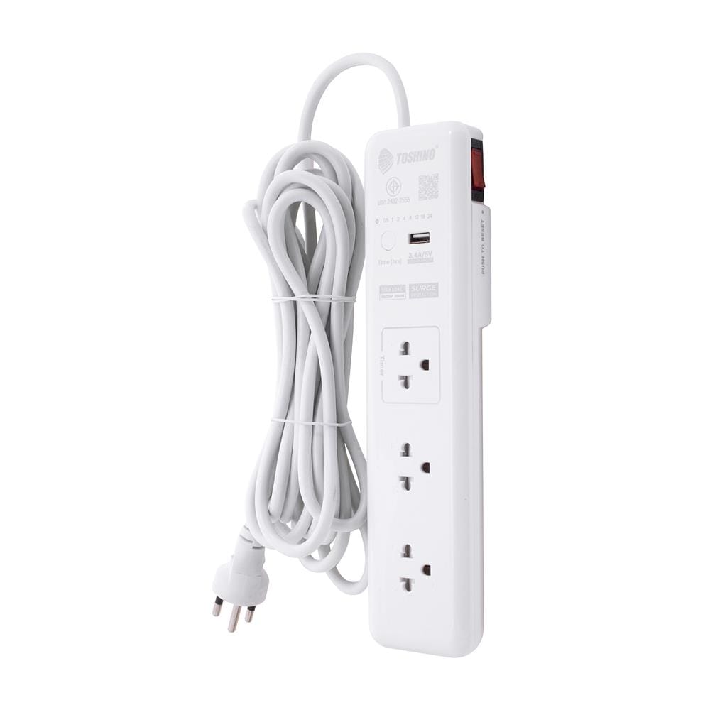รางปลั๊กไฟ TIMER 3 ช่อง 1 สวิตซ์ 1 USB 3.4A TOSHINO WT-33 3 เมตร
