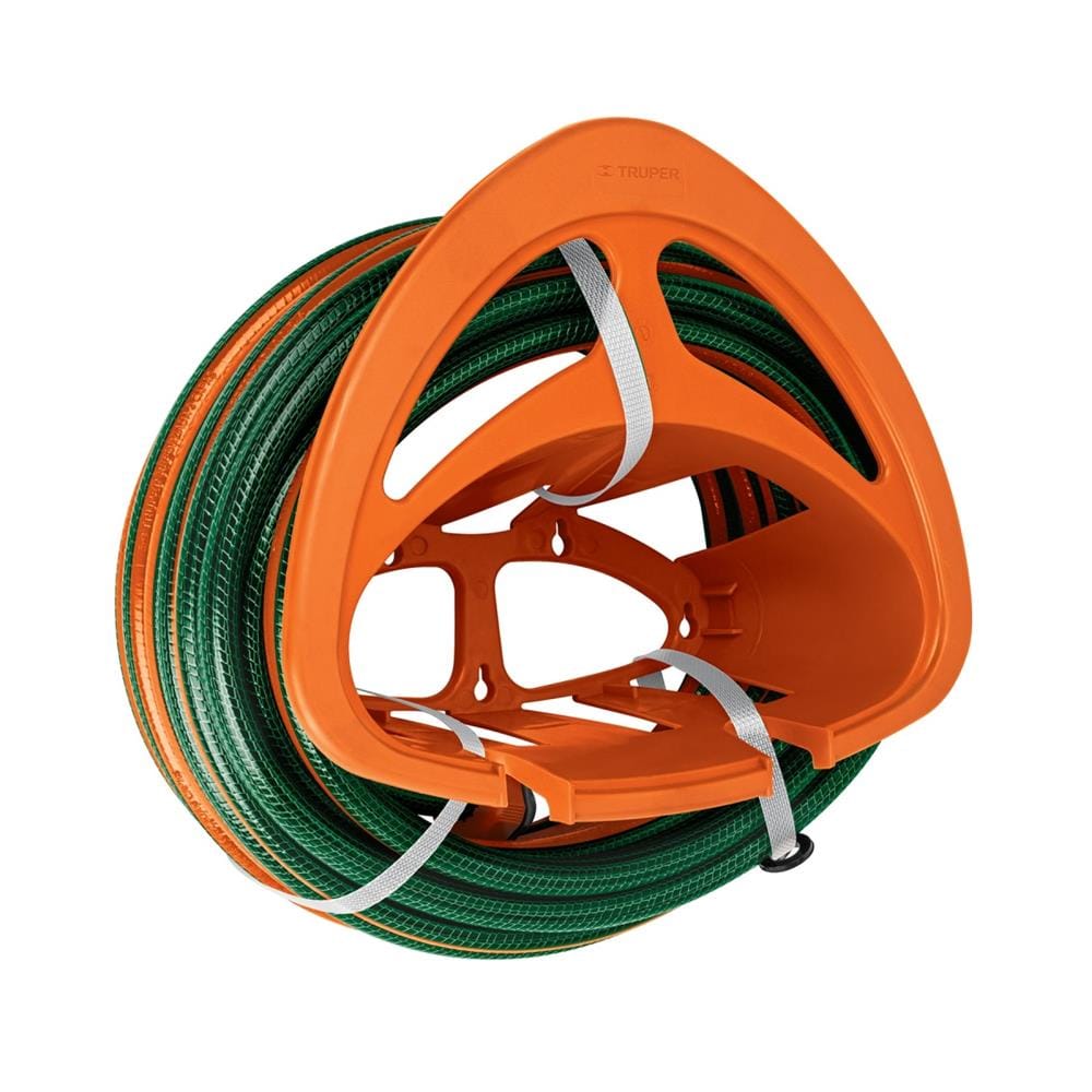 สายยางม้วน PVC 3 ชั้น พร้อมข้อต่อพลาสติก และที่แขวนสายยาง TRUPER 10883 1/2 นิ้ว 15 ม. สีเขียวส้ม