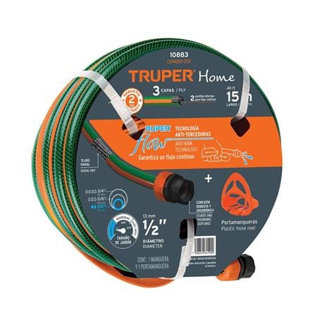 สายยางม้วน PVC 3 ชั้น พร้อมข้อต่อพลาสติก และที่แขวนสายยาง TRUPER 10883 1/2 นิ้ว 15 ม. สีเขียวส้ม_0