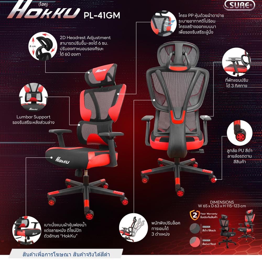 เก้าอี้สุขภาพ SURE HOKKU PL-41GM สีดำ