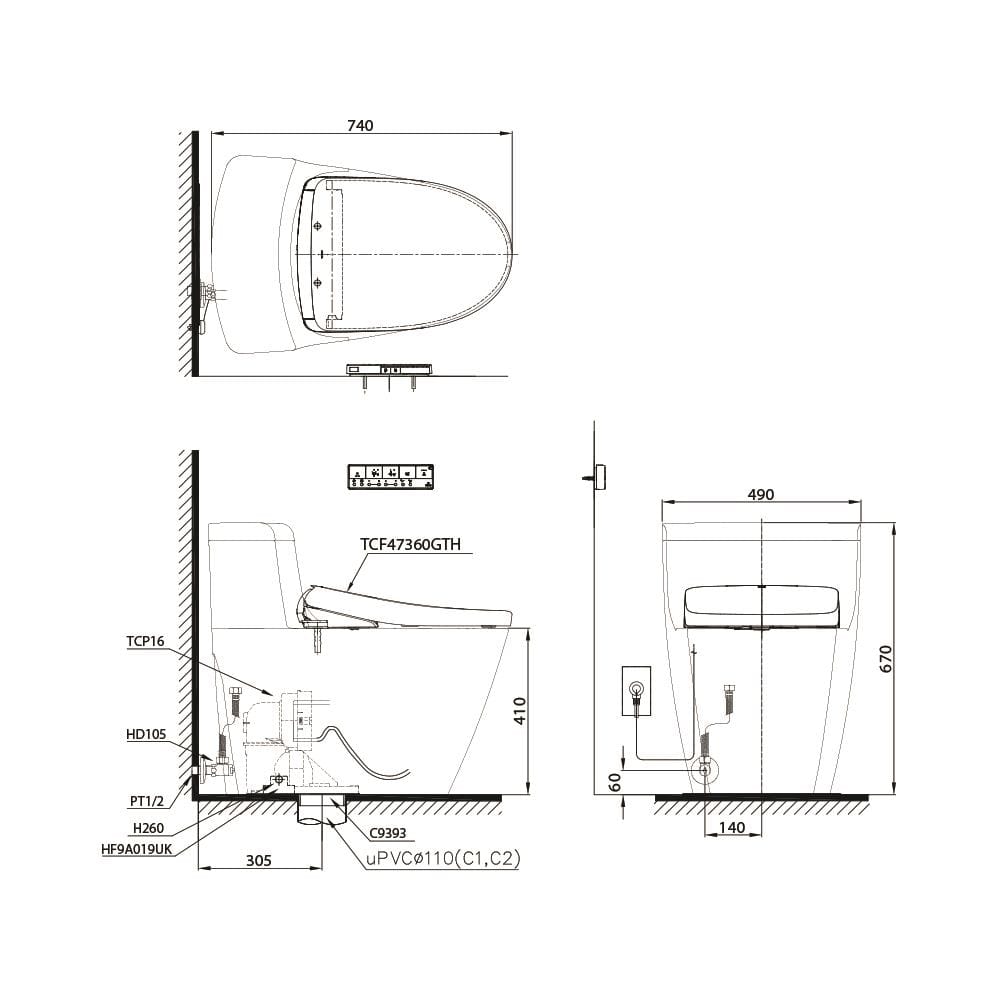 สุขภัณฑ์ 1 ชิ้น พร้อมฝารองนั่งอัตโนมัติ TOTO WASHLET S7 (CW636SW6) 4.5/3 ลิตร สีขาว