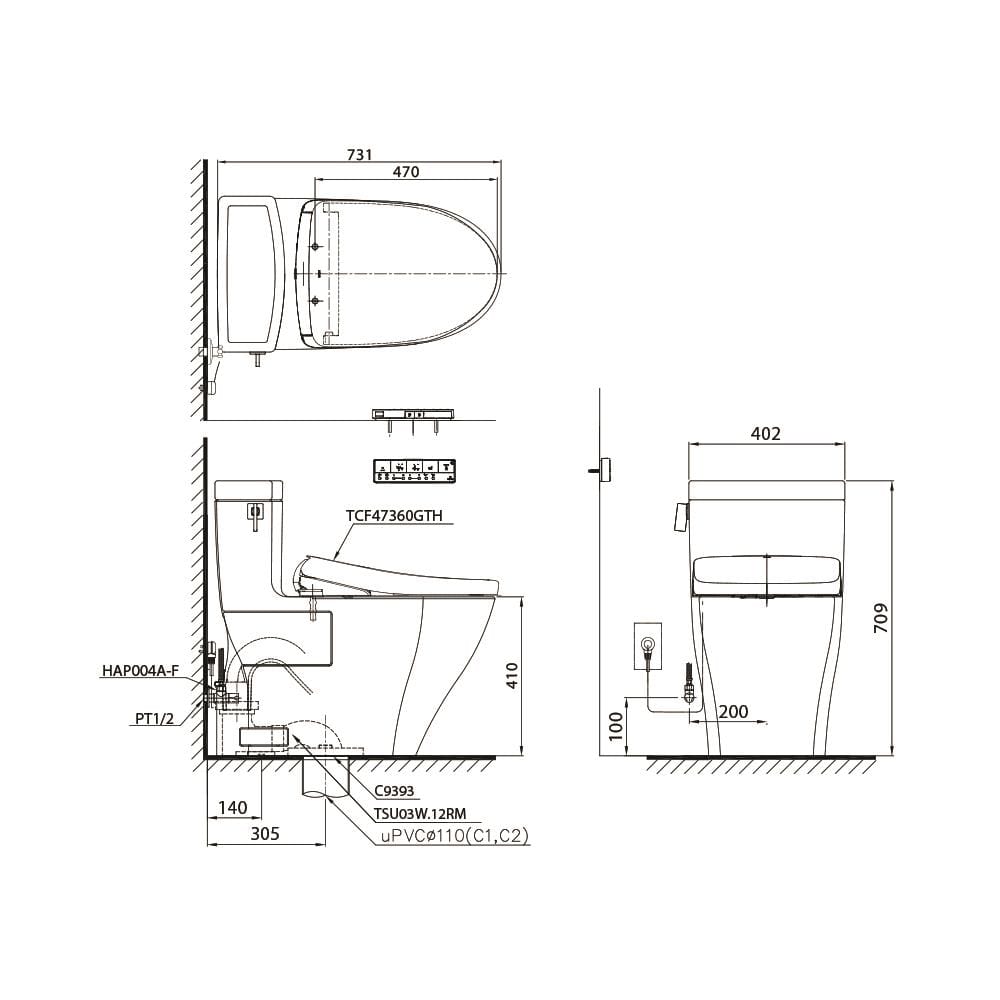 สุขภัณฑ์ 1 ชิ้น พร้อมฝารองนั่งอัตโนมัติ TOTO WASHLET S7 (CW624SW6) 4.8 ลิตร สีขาว