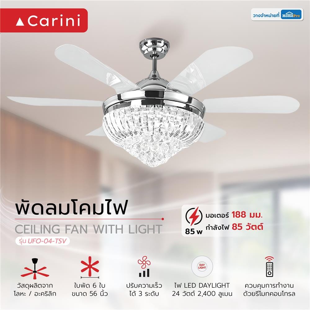 พัดลมโคมไฟ CARINI LED UFO-04-TSV 56 นิ้ว สีขาว/เงิน