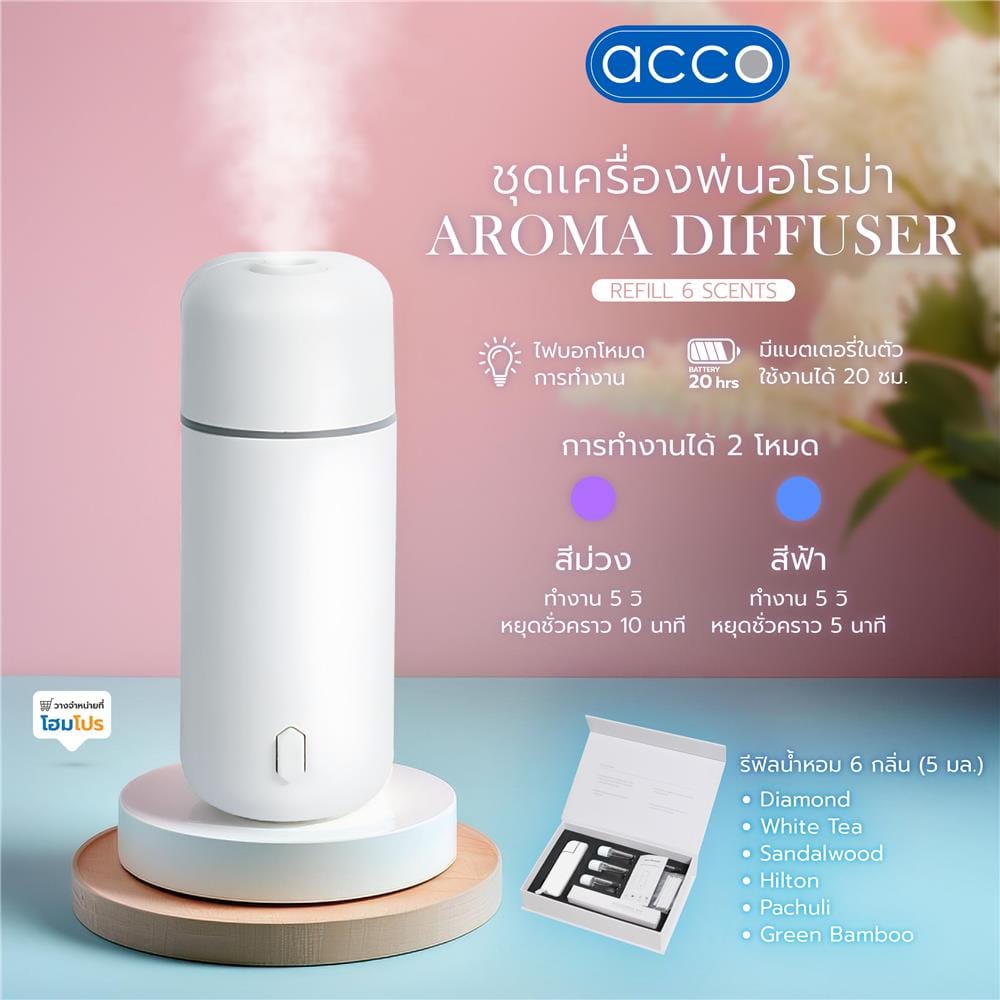 ชุดเครื่องพ่นอโรม่าพร้อมรีฟิล 5 มล. (6 กลิ่น) ACCO A807 สีขาว