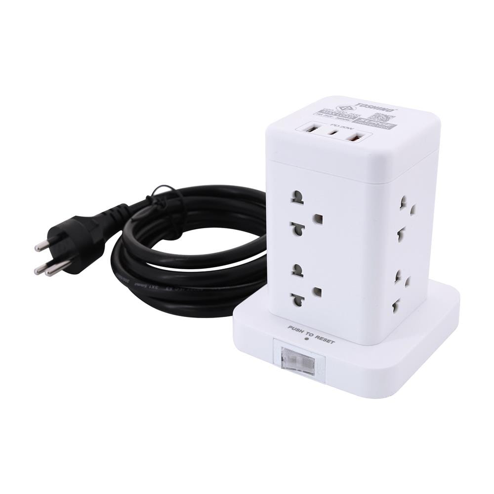 รางปลั๊กไฟทาวเวอร์ 8 ช่อง 1 สวิตซ์ 2 USB 3.4A 1 TYPE C TOSHINO TW-82M 2 ม. สีขาว