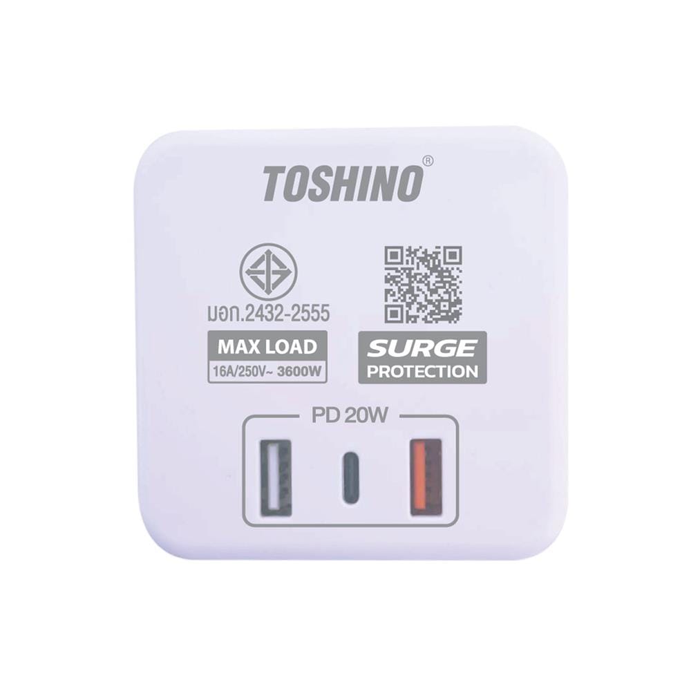 รางปลั๊กไฟทาวเวอร์ 8 ช่อง 1 สวิตซ์ 2 USB 3.4A 1 TYPE C TOSHINO TW-82M 2 ม. สีขาว
