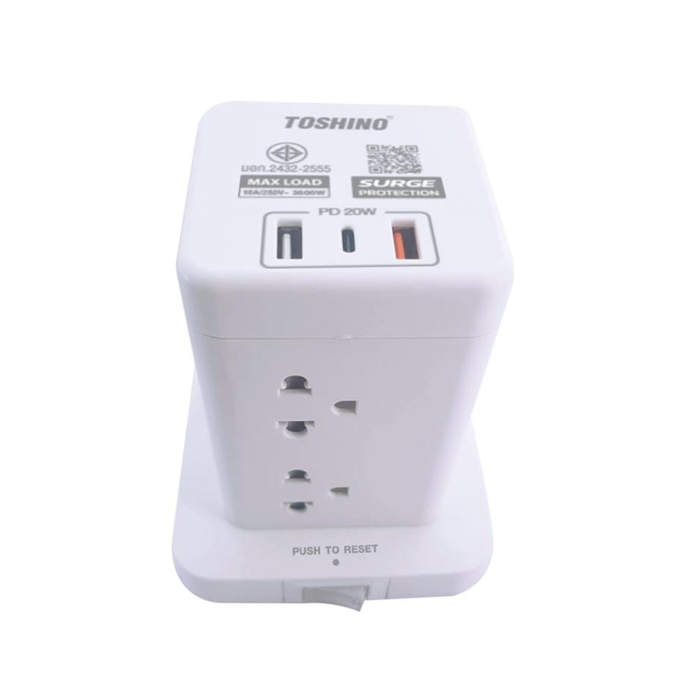 รางปลั๊กไฟทาวเวอร์ 8 ช่อง 1 สวิตซ์ 2 USB 3.4A 1 TYPE C TOSHINO TW-82M 2 ม. สีขาว