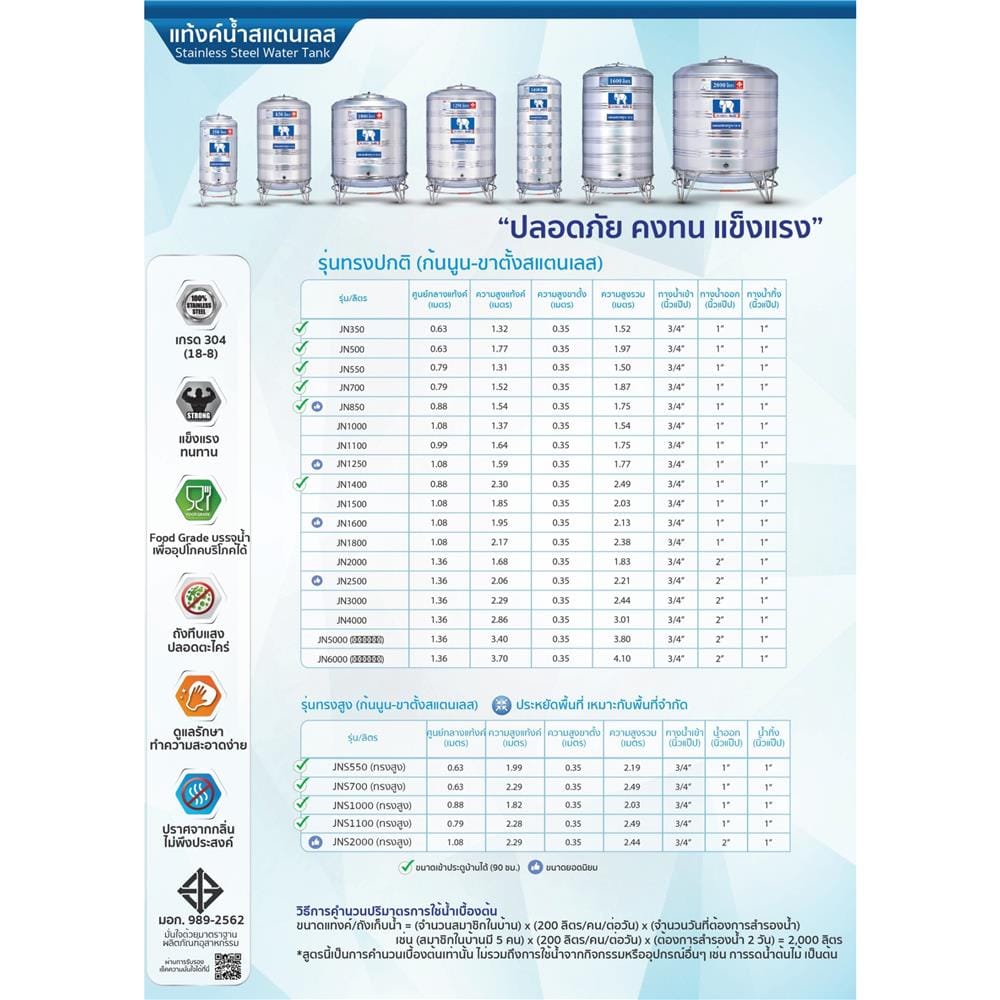 ถังเก็บน้ำสเตนเลส ก้นนูน JUMBO 850 ลิตร