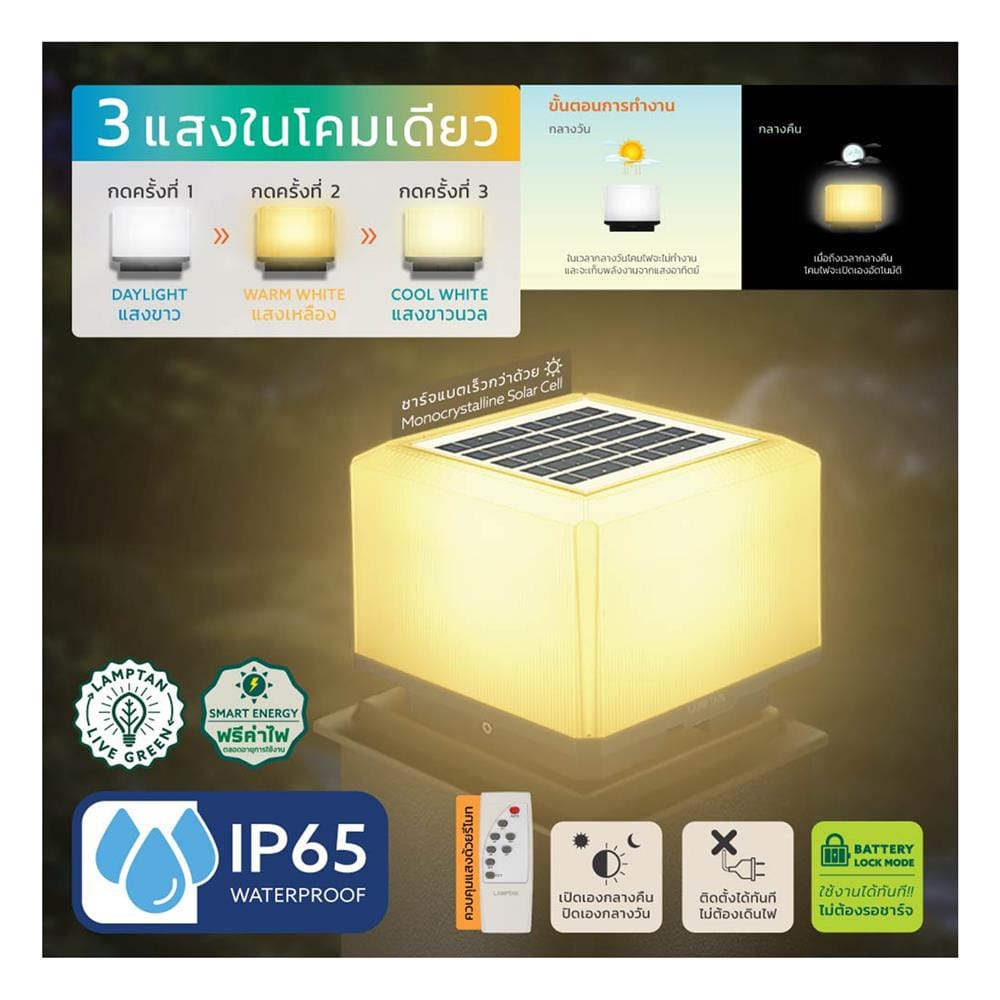 ไฟหัวเสา SOLAR LAMPTAN POLE HIKARI 20 วัตต์ DAYLIGHT/COOL WHITE/WARM WHITE สีขาว
