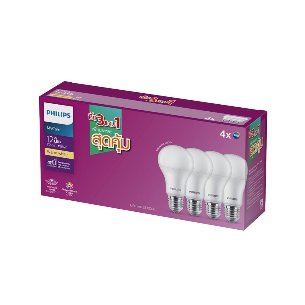 หลอด LED PHILIPS A60 12 วัตต์ WARM WHITE E27 แพ็ก 4 ชิ้น