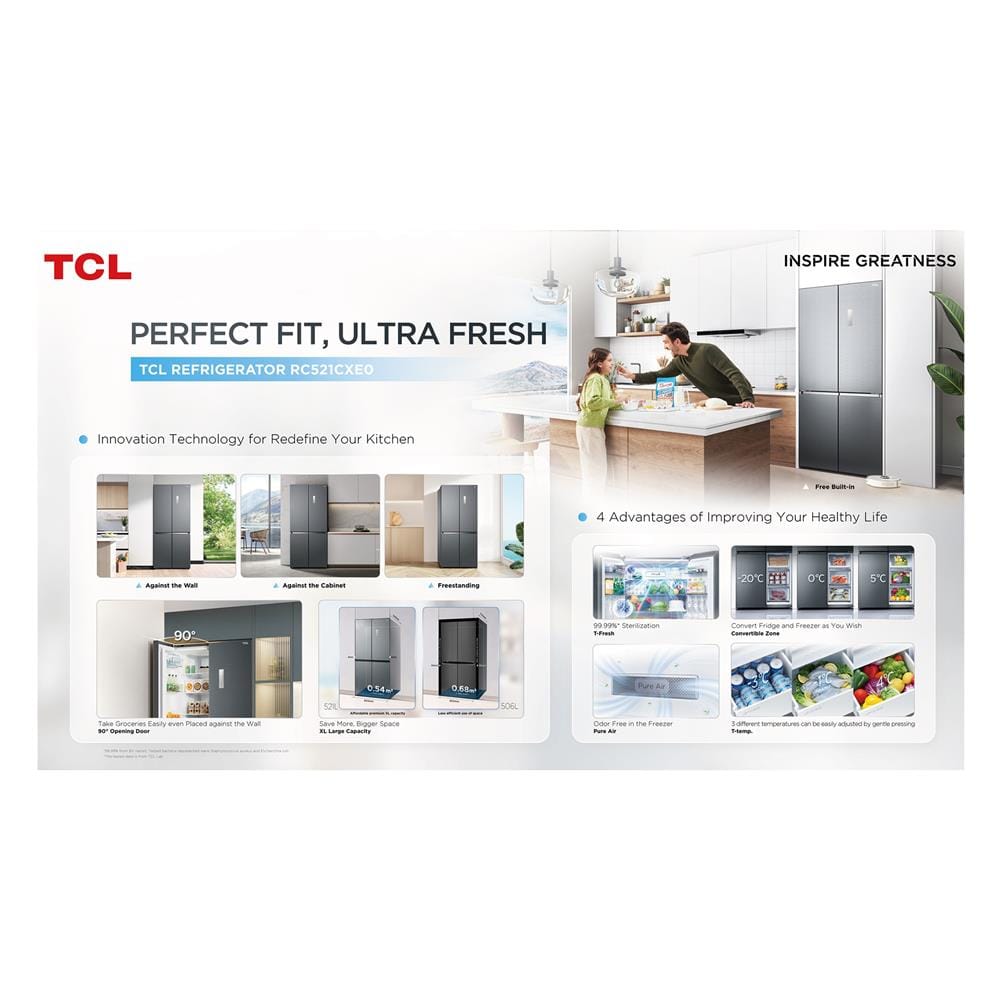 ตู้เย็น MULTI DOOR TCL RT52GCCDW 18.4 คิว กระจกขาว