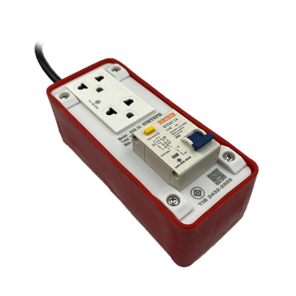 บล็อกยาง PVC 2 ช่อง พร้อมเบรกเกอร์ RCBO 16 แอมป์ SUNTECH RGB2O1510 5 เมตร สีขาว/ส้ม