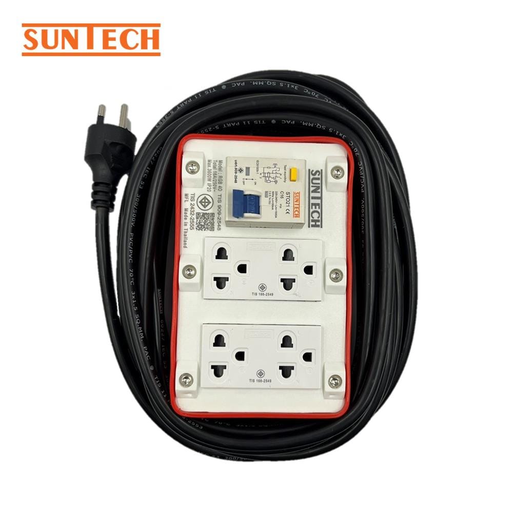 บล็อกยาง PVC 4 ช่อง พร้อมเบรกเกอร์ RCBO 16 แอมป์ SUNTECH RGB4O1510 10 เมตร สีขาว/ส้ม