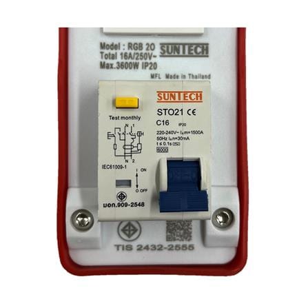 บล็อกยาง PVC 2 ช่อง พร้อมเบรกเกอร์ RCBO 16 แอมป์ SUNTECH RGB2O1510 10 เมตร สีขาว/ส้ม_2