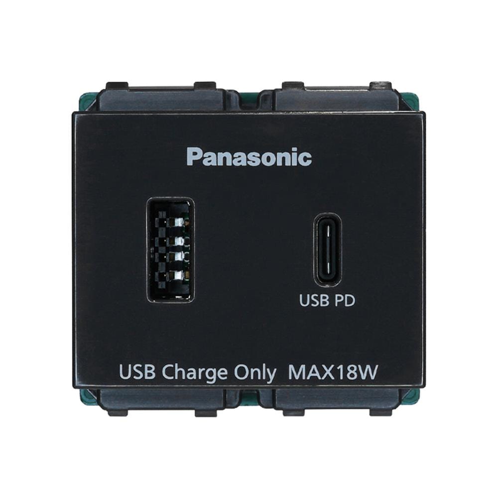 เต้ารับ USB A 1 ช่อง TYPE C 1 ช่อง PANASONIC WEFN 1482B-TH 2.0-3.0 แอมป์ สีดำ