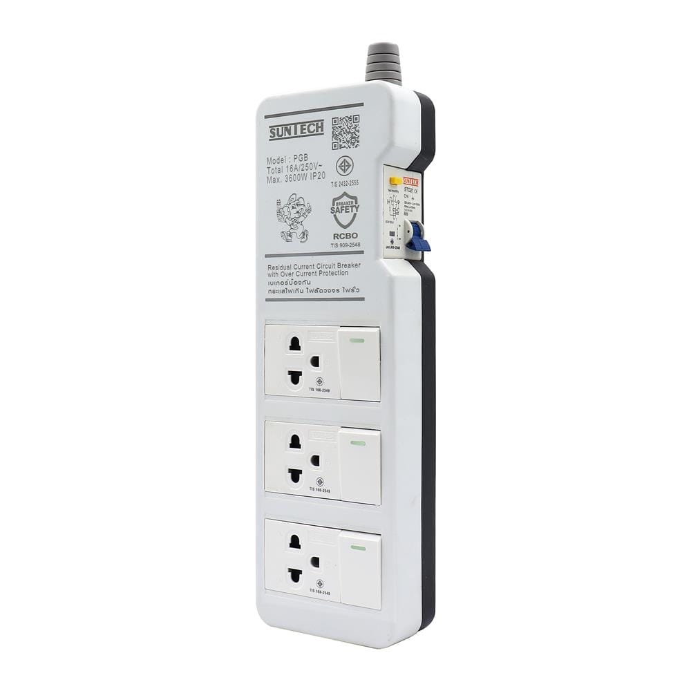 รางปลั๊กไฟ 3 ช่อง 3 สวิตซ์ พร้อมเบรกเกอร์ RCBO SUNTECH PGB-2333 16 แอมป์ 3 ม.
