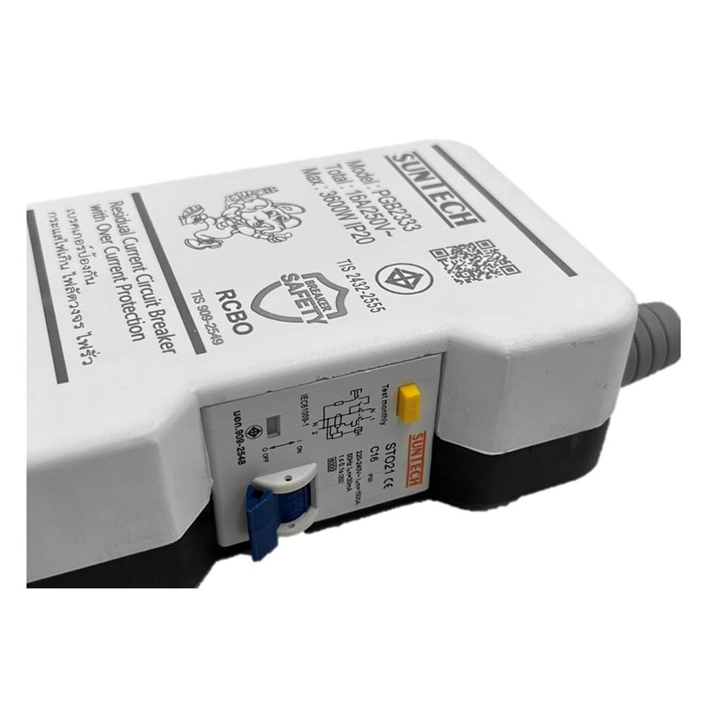 รางปลั๊กไฟ 3 ช่อง 3 สวิตซ์ พร้อมเบรกเกอร์ RCBO SUNTECH PGB-2333 16 แอมป์ 3 ม.