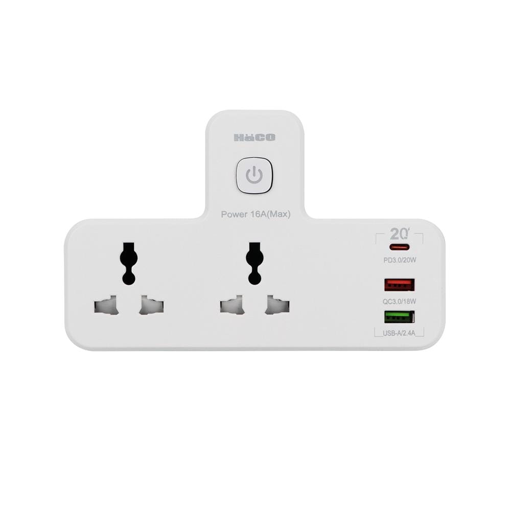 ปลั๊กแปลง 3 ขา 2 ช่อง 2 USB-A 1 USB-C 16 แอมป์ HACO ADU20-U2A1C