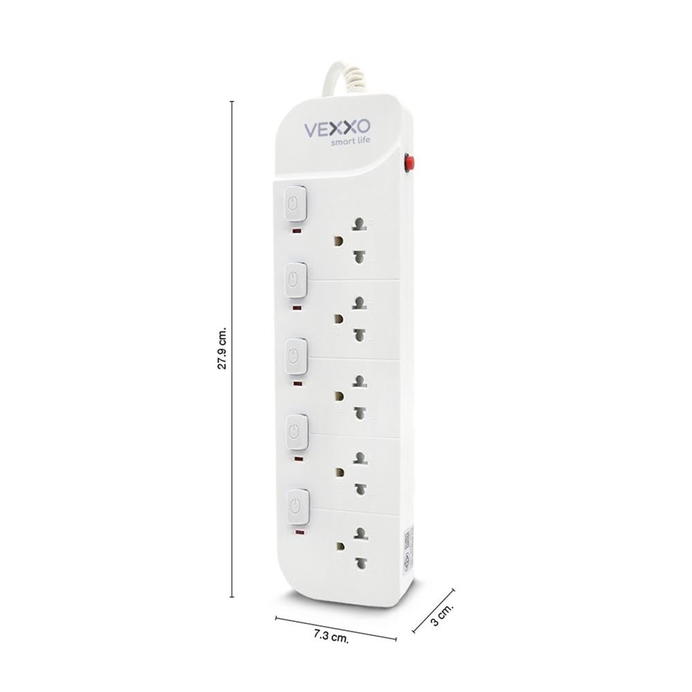 รางปลั๊กไฟ 5 ช่อง 5 สวิตช์ VEXXO 10 แอมป์ 3 ม. สีขาว (แพ็กคู่)