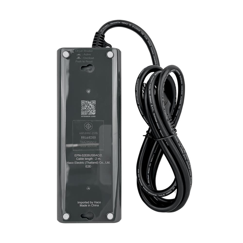 รางปลั๊กไฟ 2 ช่อง 1 สวิตซ์ 1 USB-A 1 USB-C HACO EPN-S2EBUSB 16 แอมป์ 2 ม.