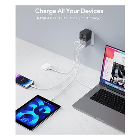 ปลั๊กแปลง 4 IN 1 UNIVERSAL 1 USB A 3 TYPE C AUKEY PA-TA09A 100 วัตต์ สีเทา_2
