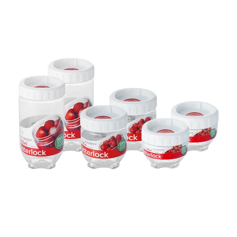 ขวดโหลพลาสติก PET LOCKNLOCK SCREW LID INTERLOCK สีขาว/ใส 6 ชิ้น