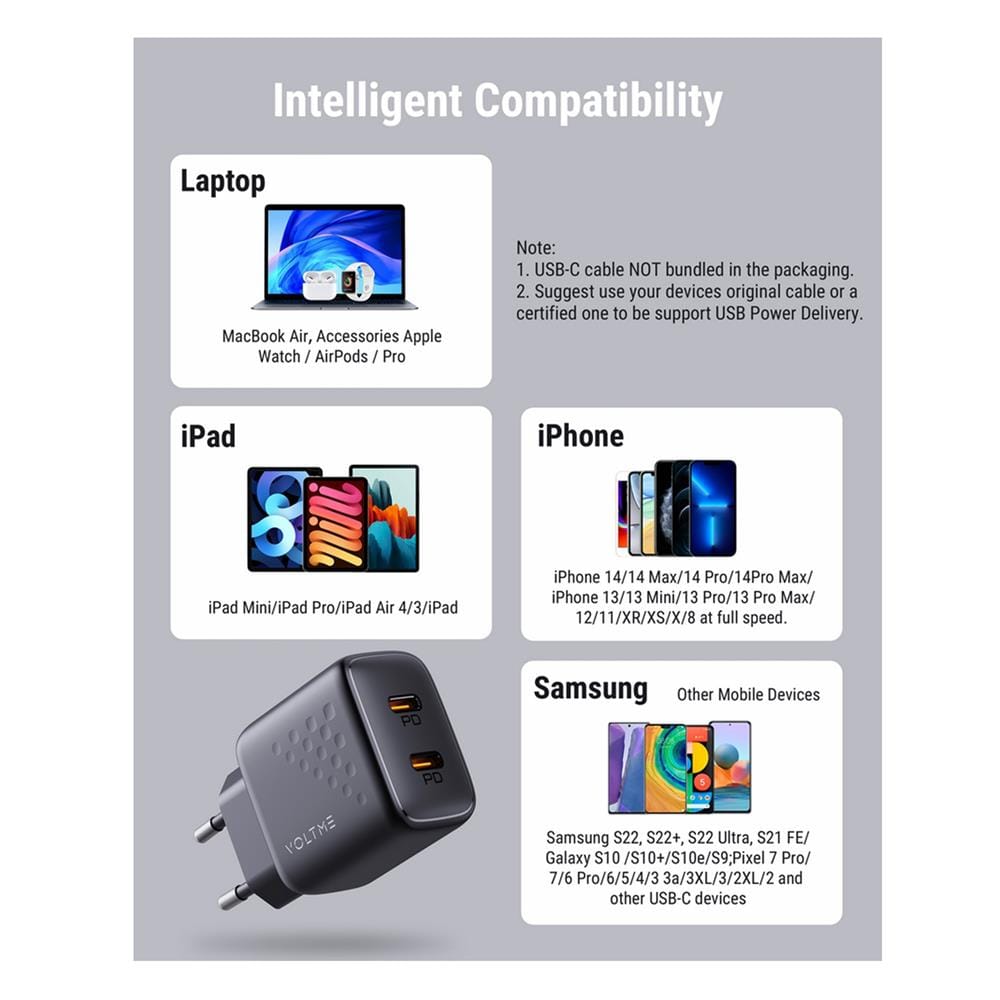 ชุดสายชาร์จ C TO C VOLTME V2021T 35W สีดำ