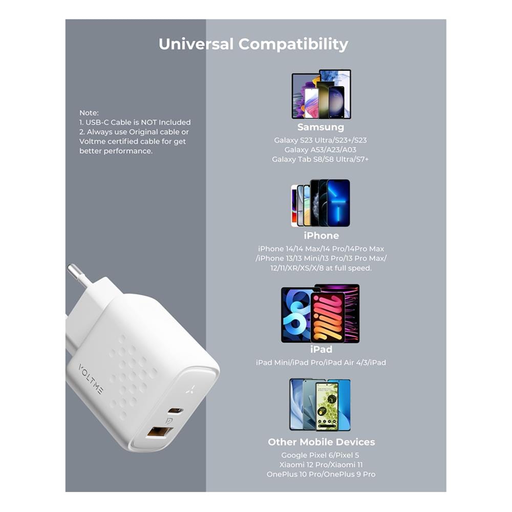 อะแดปเตอร์ USB-A&C VOLTME V2114TH 45W สีขาว