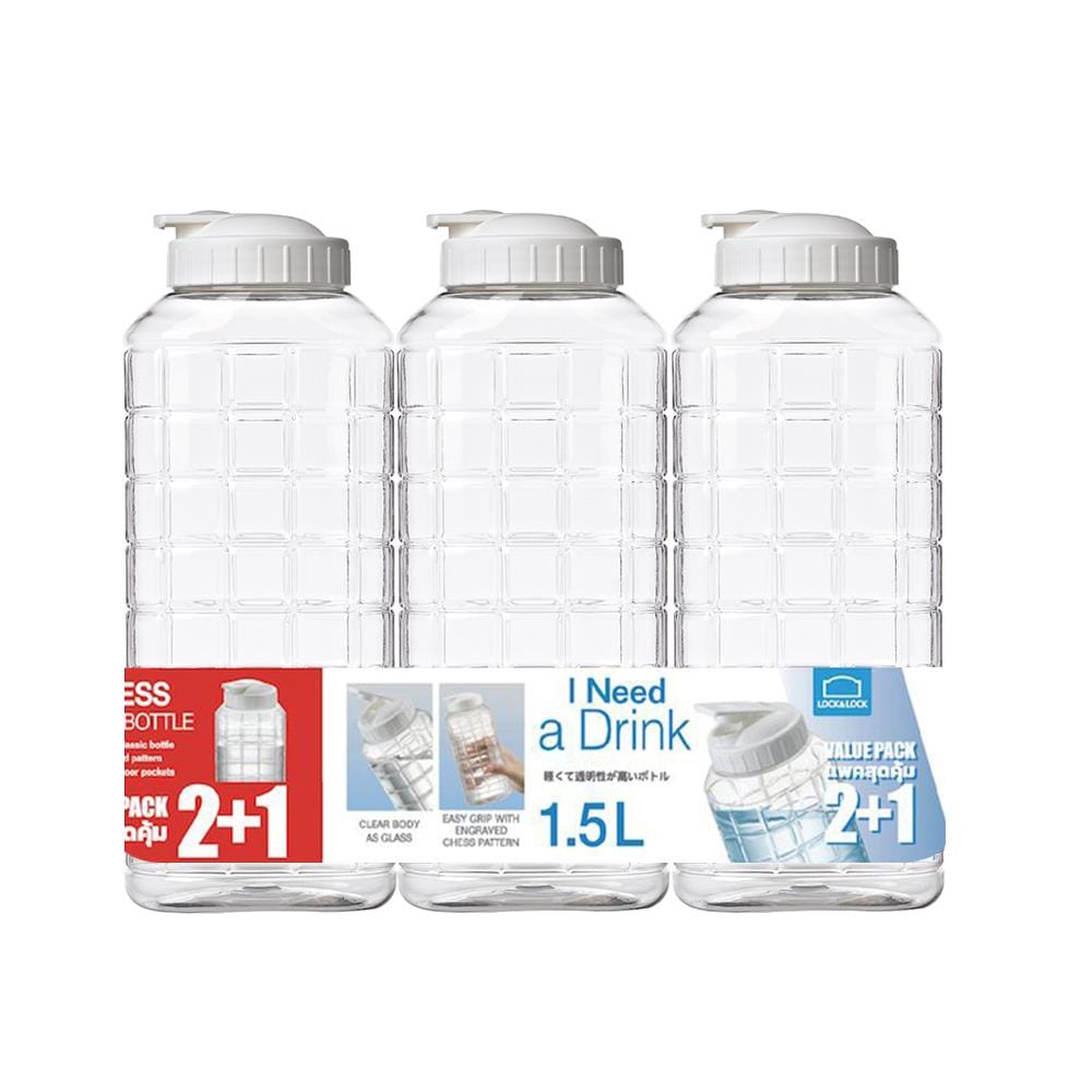 ขวดน้ำพลาสติก PET LOCKNLOCK 1.5 ลิตร แพ็ก 3 ขวด สีขาว