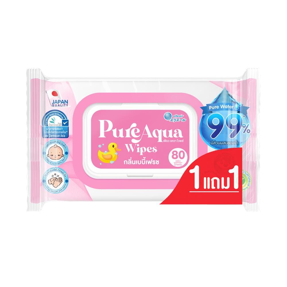ผ้าเช็ดทำความสะอาดผิว ELLEAIR PURE AQUA 80 แผ่น กลิ่นเบบี้เฟรช แพ็กคู่