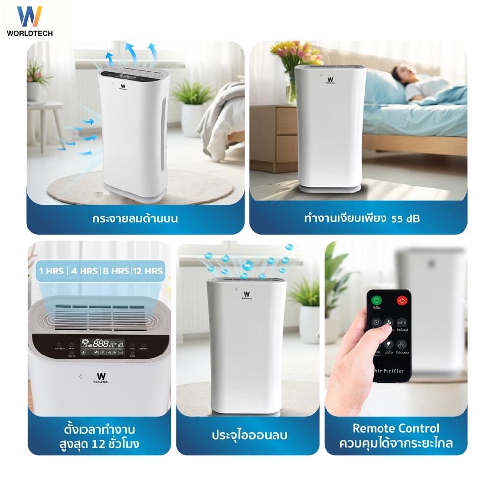 เครื่องฟอกอากาศ 55 ตร.ม. WORLDTECH WT-P80 สีขาว